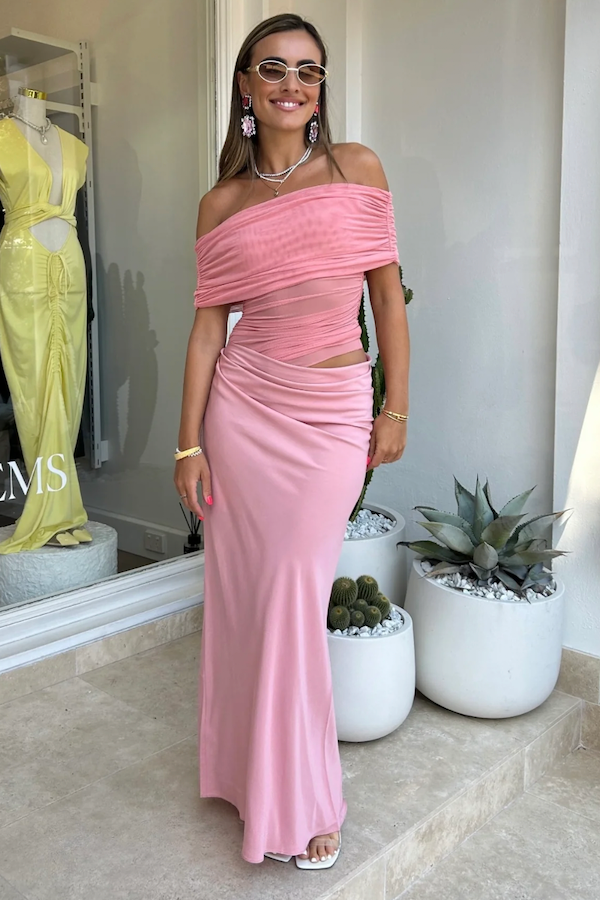 pink off shoulder maxi dress Nico Off Shoulder Maxi Dress – Runway Rentals