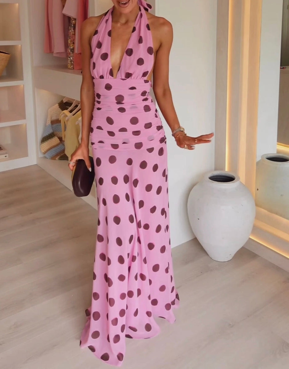 Polka Dot Ruched Halter Dress Runway Rentals Polka Dot Ruched Halter Dress Runway Rentals